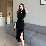 2025 New Chinese Young Lotus Leaf Side Boiling Water Drop Lace Temperament Sexy Sleeveless Cheongsam Dress