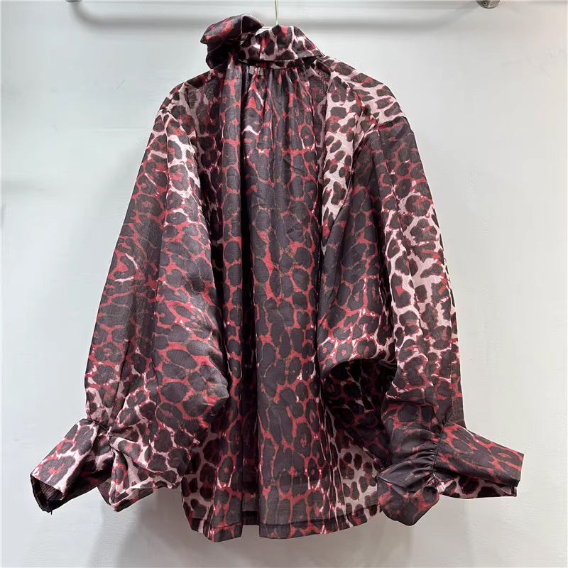 Personalized Street Leopard Trinkage With Big Butterfly Exaggerated Lantern Long-Sleeved Irregular Jacket Shirt Early Autumn Trend New