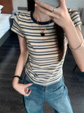 Vintage Ramming Striped Design Sense Fashion In Short-Sleeved T-Shirt Girl Summer Slimming Bottom Top Girl T-Shirt Tide
