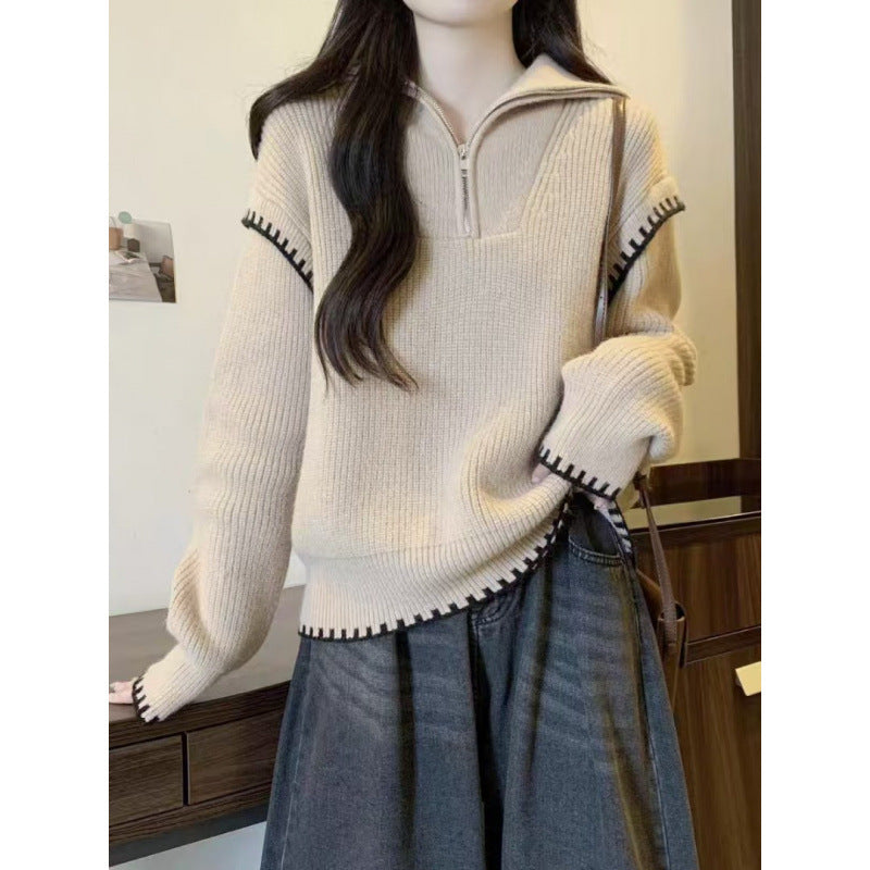 KANING Semi-Zipper Collar Loose Lazy Knitting Shirt 2026 Autumn And Winter New Design Sense Niche Hooded Sweater
