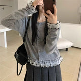 KANING Korean Sweet Lace Spliced Knitted Shirt 2026 Autumn And Winter New Temperament Short Sweater Top