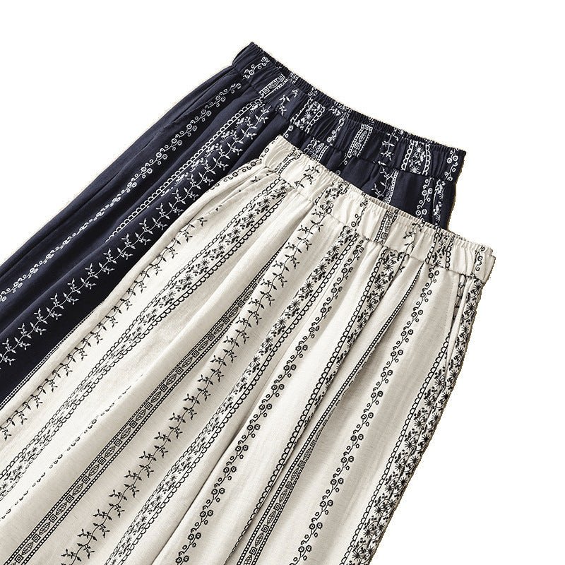 In The Summer Of 2025, The New Printed Cotton And Hemp Literature And Art Relaxed Leisurely Broad Leg Pants Women