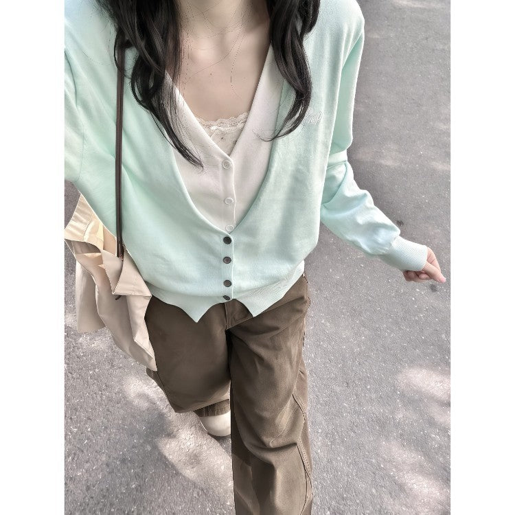 3.18 / Spring On The New XUAN XIAO JIE Spring Fake Two Mint Green Knitted Cardigan Women