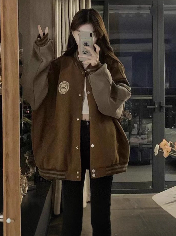 Lazy Style Baseball Uniform Women's Spring And Autumn Winter Warm Retro Leisure Sweater Women's Clothing Tide