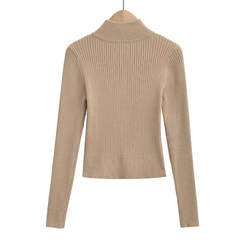 Autumn And Winter Babes Knitted Maillard Pit Zip Half-High Collar Coat Long Sleeves Short Fashion Thin Sweater