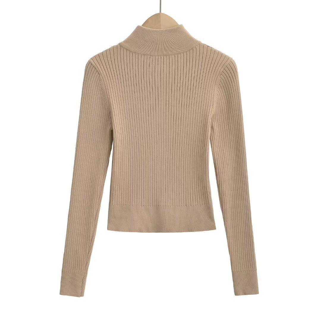 Autumn And Winter Babes Knitted Maillard Pit Zip Half-High Collar Coat Long Sleeves Short Fashion Thin Sweater