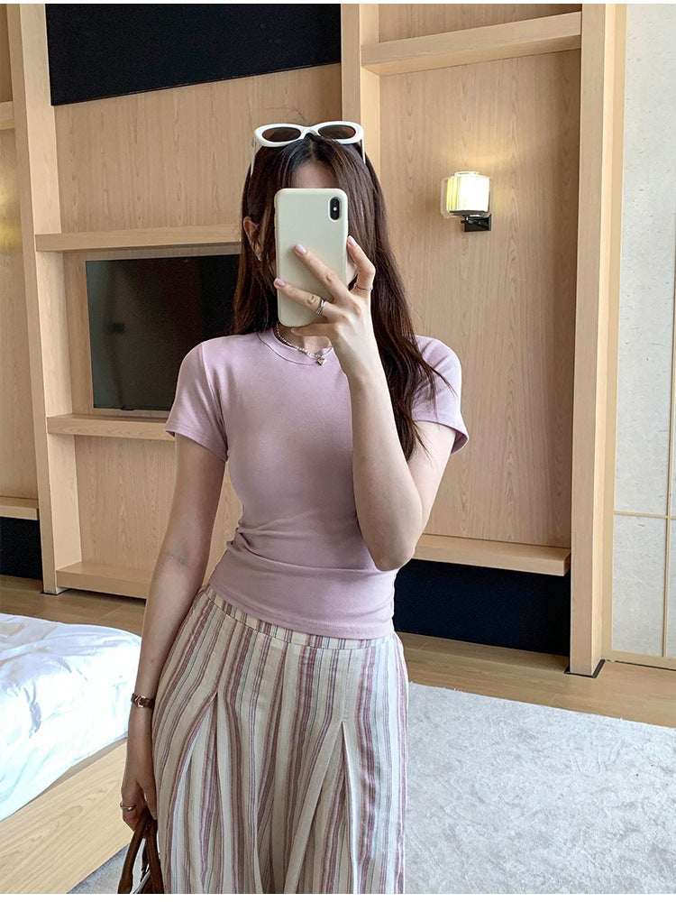 Solid Color Short-Sleeved T-Shirt Woman 2026 Summer Slimy Korean Commuting