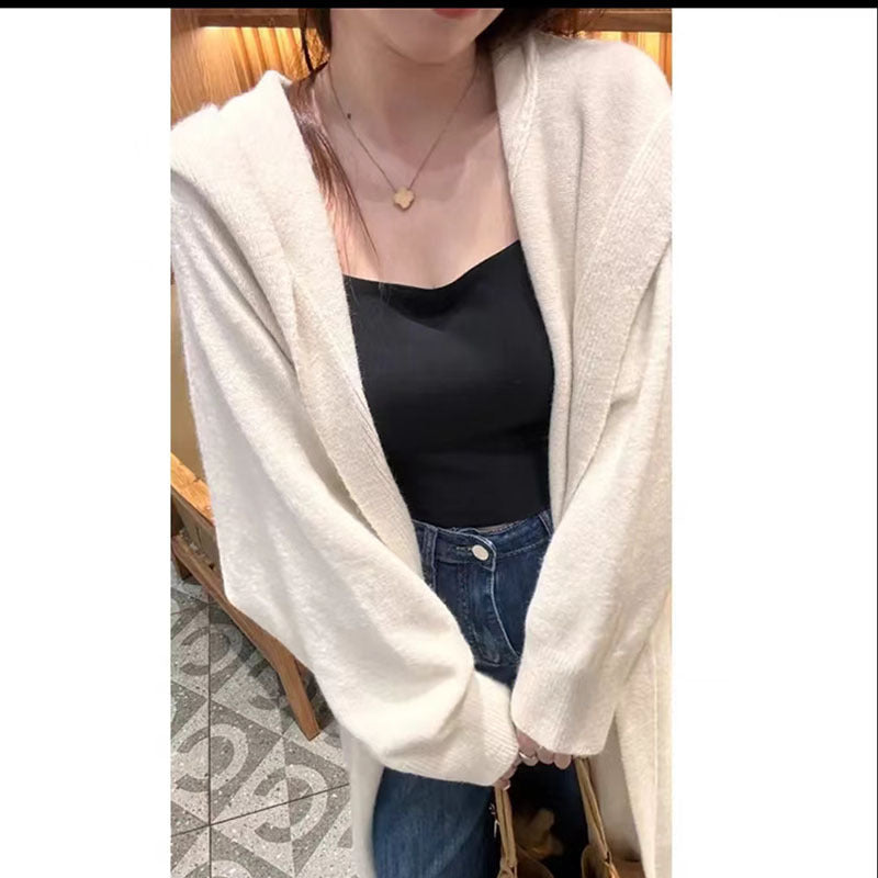KANING Korean Languid Hooded Long Over-Knee Knitted Cardigan Women's Winter Dress Thick Loose Thin Coat