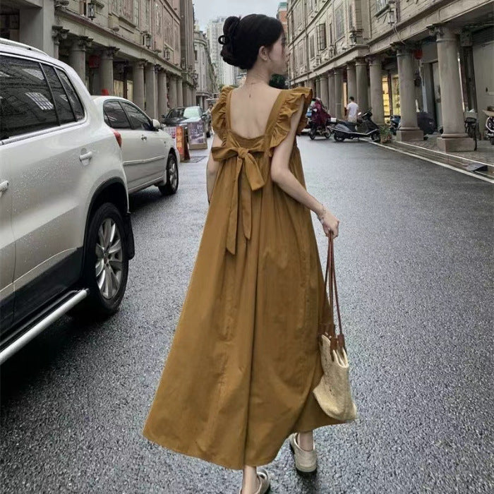 Sweet And Bare-Backed Flying Sleeve Bow Tie Dress Summer New Holiday Masked Thin Long Dress