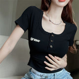 Summer Pure Style Sexy Button U Collar Short-Sleeved T-Shirt Design Design Slimming Chic Top
