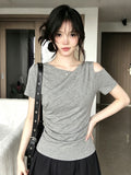 Korean Pure Want To Set Up Irregular Slanted Shoulder Clothes Short Sleeve Gray Repair Waist And Shoulder Design Touching Cotton Short Sleeve