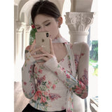 Fashion Sexy Hottie Retro Broken Flower Long-Sleeved T-Shirt Girl Winter New Slim Slim Short Top Tide