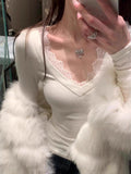 Pure-Want Sexy Lace Lace V Collar Bottom Shirt Women Autumn And Winter Thread De-Velvet Slim Slime Inside The Clothes