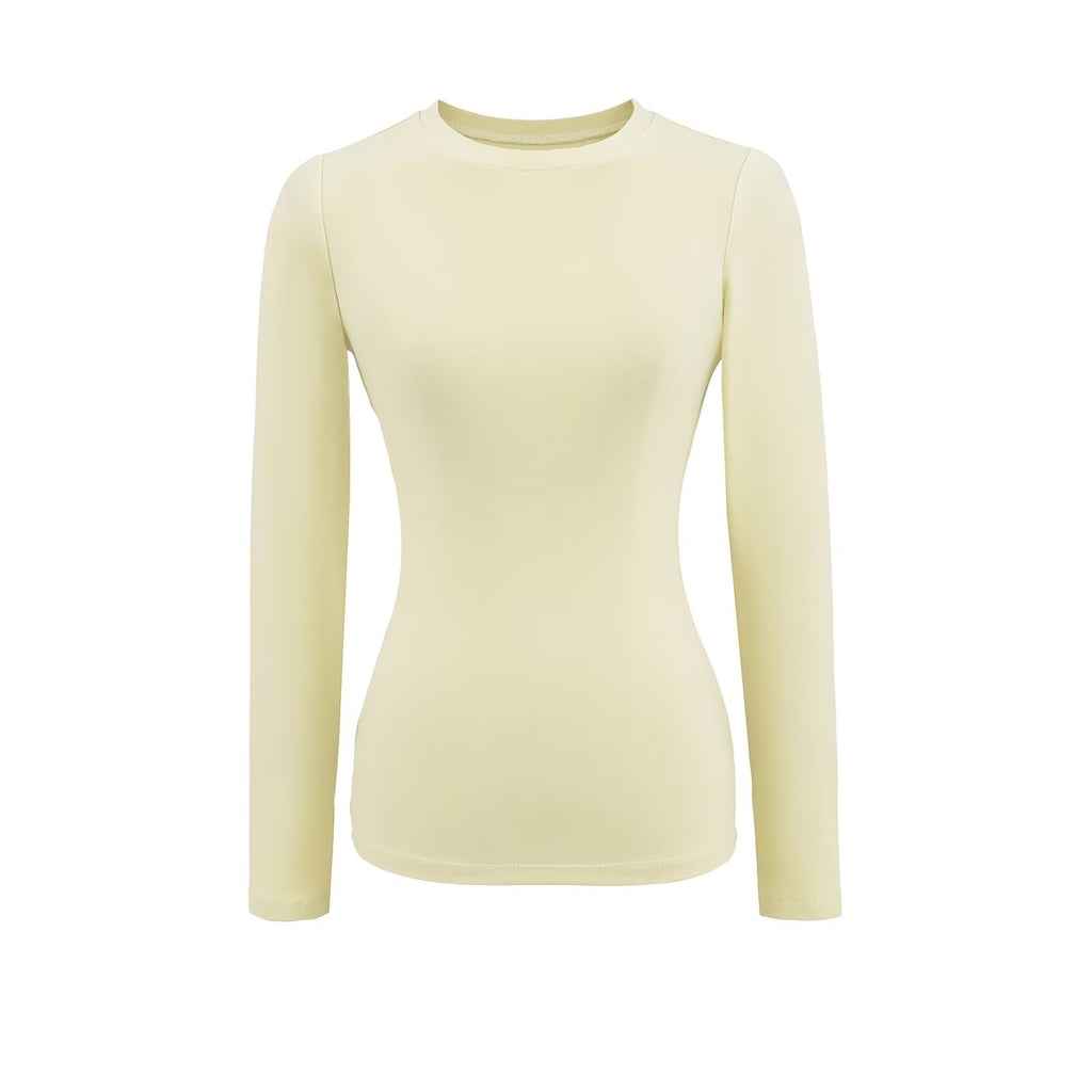 Spice Girls New Shoulder Round Neck Long Sleeve Elastic Waist T-Shirt Soft-Skinned Solid-Colored Back-To-Bottom Shirt