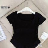 Summer Solid Color With Chest Cushion Square Collar Short-Sleeved T-Shirt Women's Fashion Sports Yoga Clothes