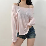 Lazy Wind Slack Feeling Thin Loose And Slightly Through The Hot Girl Shoulder Sun Hood T-Shirt New Bottom Top