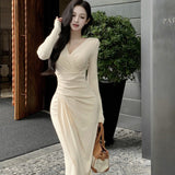 Royal Sister Wind Cross V-Necked Long-Sleeved Dress Women Autumn Folding Body Temperament Long-Term Pocketed And Hip Skirt