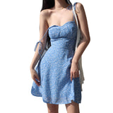 French Retro Girl Blue With Broken Flower Sling Dress Woman's Waist Thin A Word Holiday Dress