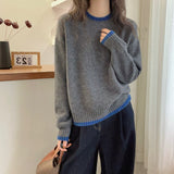 KANING Korean Round-Neck Color Knitted Shirt Women 2026 New Lazy Wind Loose Long-Sleeved Head Sweater