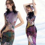 2026 Summer New Chinese Style Before And After Two Bumpy Color Printed Cheongsam Dress Women Retro Style Cheongsam Dress