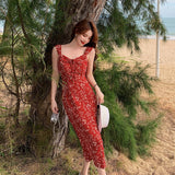 Tea Break French Red Broken Flowers With Tie Skirt Women's Summer 2025 New Beach Resort Beach Skirt