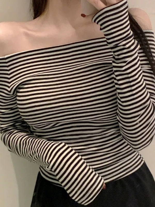 Ins Sexy Pure Oceanic Stripes With Long-Sleeved T-Shirt Girl Collarbone Collared Blouse