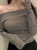 Ins Sexy Pure Oceanic Stripes With Long-Sleeved T-Shirt Girl Collarbone Collared Blouse
