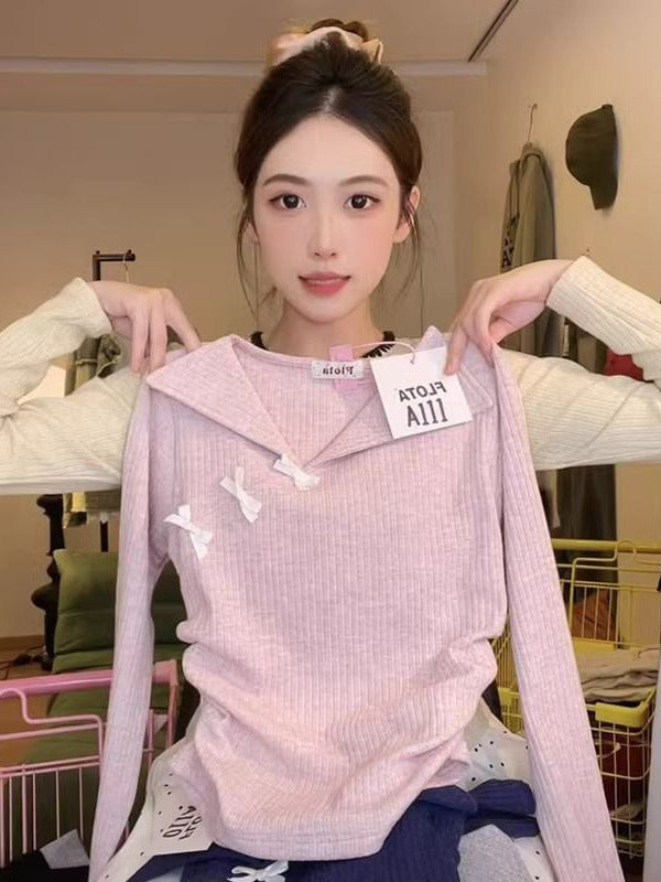 [Original Work Done] Side Bow Bow Collar Long-Sleeved Woman In The Spring Of 2026 To Repair The Temperament Inside The Wind