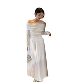 White Shoulder Dress Women's Autumn New French Tea Rest Senior Feeling Waist Lanky Sleeve Skirt Tide