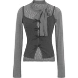 Pure Lust Gray Half-High Collar Bow Lace Lace Women's Clothing Early Autumn Folded Two Sets Of Bottom Tops