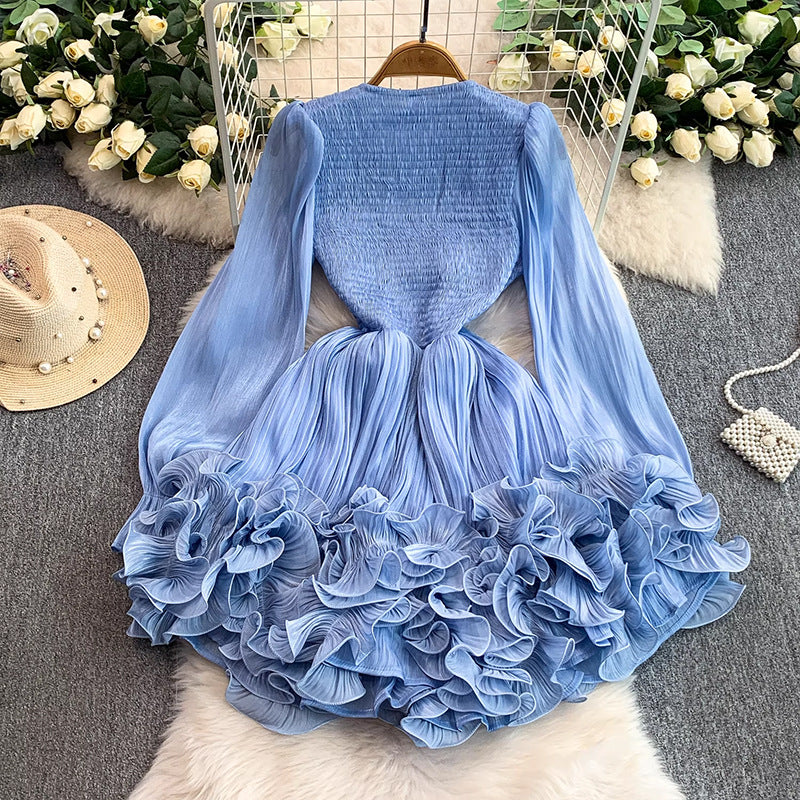Net Red Niche High-Level Flow Light Tulle V-Neck Dress Female Heavy Industry Ponphysolious Three-Dimensional Lotus Leaf Side Skirt