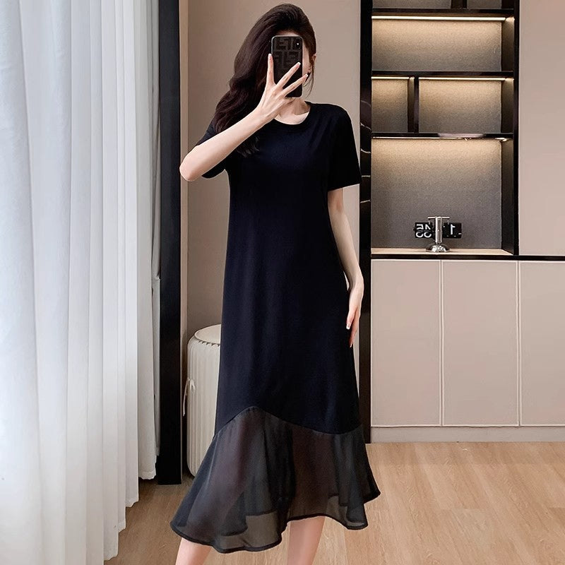 Irregular Bumpy Patchwork Short-Sleeved Dress Women's Design Sense Loose Thin Round Collar T-Shirt Dress New