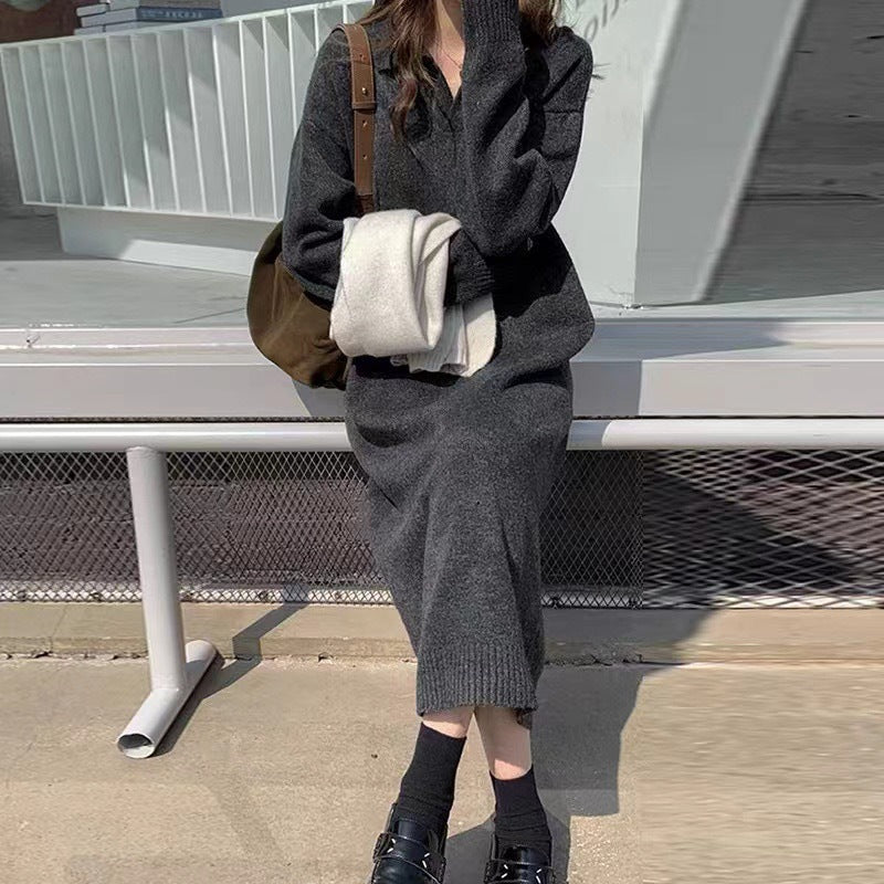 KANING College Wind Polo Collar Skirt Knitted Long Dress Women 2026 Autumn New Knitted Dress