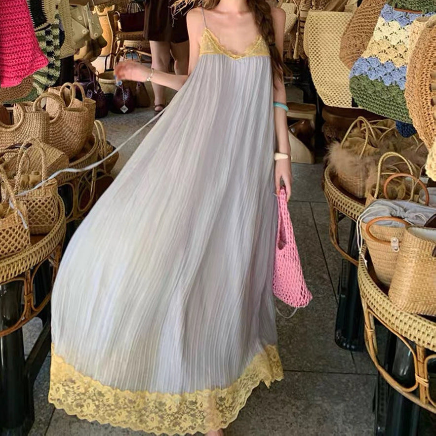 Summer Chiffon Splicing Lace Sling Dress Femininity Gentle Wind Loose Holiday Dress