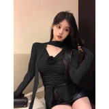 Pin Folded Flowers V-Neck Long-Sleeved T-Shirt For Girls Spring New Sweet And Spicy Style Slimming On The Clothes