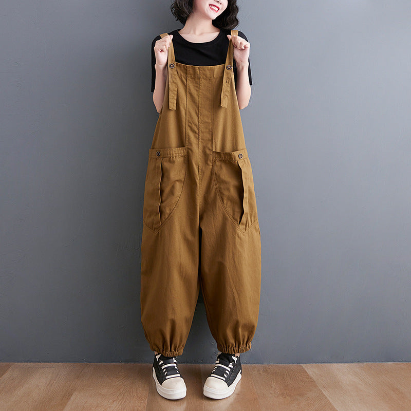 Loose Literature And Art Casual Back Pants Fat Sister Large Size Women's Summer Solid Color Big Pocket Workwear Harlan Pants