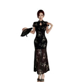 New Chinese Style Improved Cheongsam Dress Women's Summer Black Mesh Printing Tight-Up Long Skirt