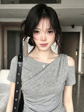 Korean Pure Want To Set Up Irregular Slanted Shoulder Clothes Short Sleeve Gray Repair Waist And Shoulder Design Touching Cotton Short Sleeve