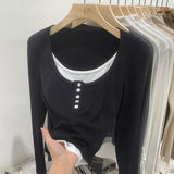 Large-Size Women's Fat Mm Fake Two-Piece Top Bottom Shirt Autumn New Design Small Long-Sleeved T-Shirt Girl