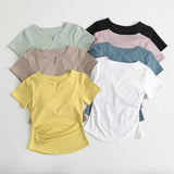 Thin Solid Color With Chest Cushion V-Neck Short-Sleeved T-Shirt For Women's Summer Sports Running Yoga Clothes With Short Tops