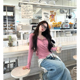 Pink Half-Neck Shoulder Long-Sleeved T-Shirt Girl Autumn Body Set Bottom Henry Shirt High-End Temperament Blouse
