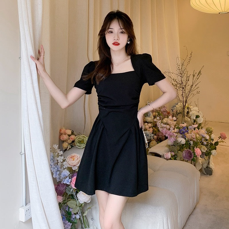 2026 Summer New Square Collar Folded Short-Sleeved Dress Small Slimmed Inside Hepburn Princess Dress