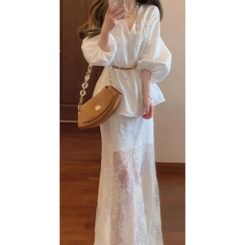2025 Autumn Retro New Chinese Style Giant V-Neck Lantern Sleeve Top & Net Yarn Fishtail Skirt Suit