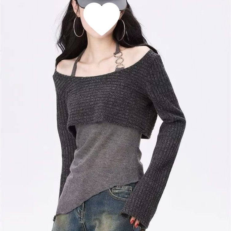 2025 Autumn Sling New Women's Design Slim Long Sleeve Irregular Two Sets Of Thin Hooded Shirts Niche