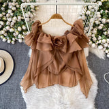Super Good-Looking Sweet Age-Bearing Leaf Side Three-Dimensional Flower Shoulder Shirt Female Niche Fairy Irregular Shirt Winter