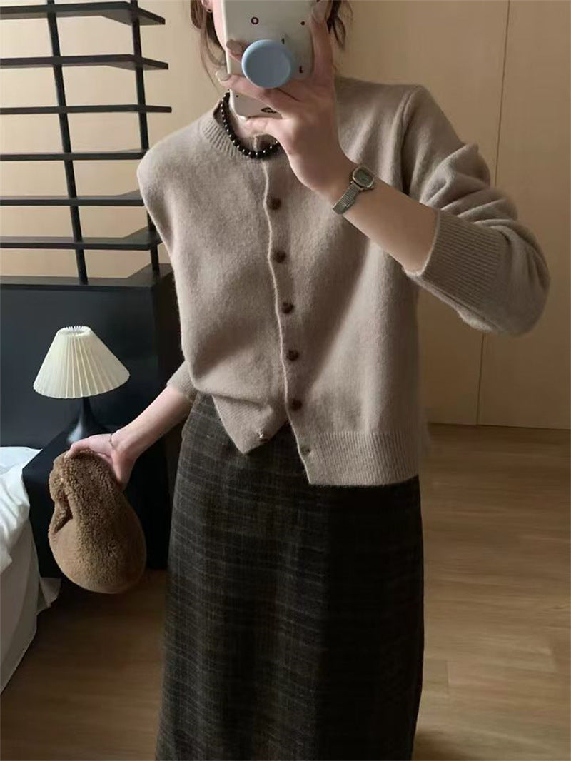 KANING Round Collar Love Buckle Knitted Coat 2026 Autumn New Design Sweater Outside Female