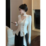 Pin Folded Flowers V-Neck Long-Sleeved T-Shirt For Girls Spring New Sweet And Spicy Style Slimming On The Clothes