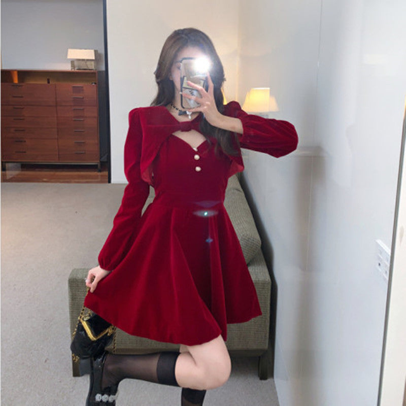 2025 Christmas New Year Red Shawl Gold Velvet Sling Princess Dress Women To Collect Waist Thin Suit Two Sets