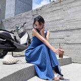 Blue Mist Love French Denim Dress Women's Summer Small Design Feel Waist Temperament Slings Long Skirt