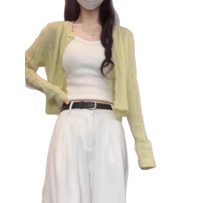 KANING Autumn New Green Hollow Short Knitted Cardigan Women 2026 Autumn Dress Small Outside Sun Protection Shirt